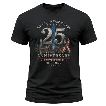 25th Anniversary Patriot Day Tribute Lights Memorial Ribbon T Shirt
