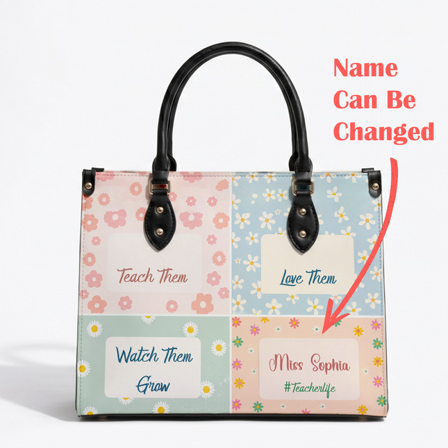 Personalized Teacher Leather Handbag Pastel Floral Color Block