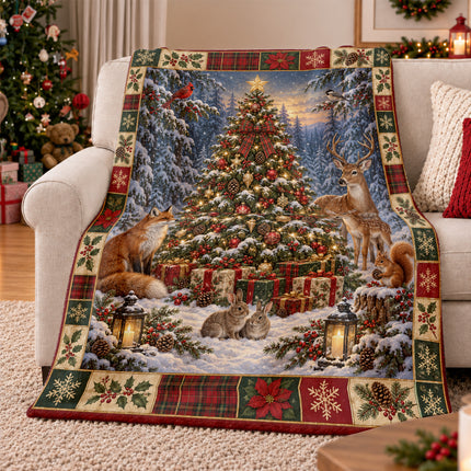 Woodland Christmas Fleece Blanket Winter Forest Wildlife