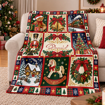 Personalized Christmas Fleece Blanket Nutcracker Holiday Patchwork