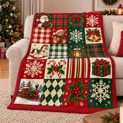 Christmas Patchwork Fleece Blanket Vintage Santa Teddy Bear Plaid Holiday Throw