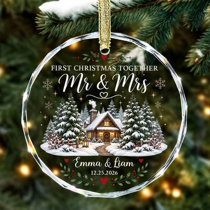 Personalized First Christmas Together Snowy Cabin Couple Glass Ornament