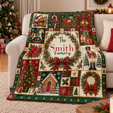 Personalized Family Christmas Fleece Blanket Custom Last Name Holiday Patchwork