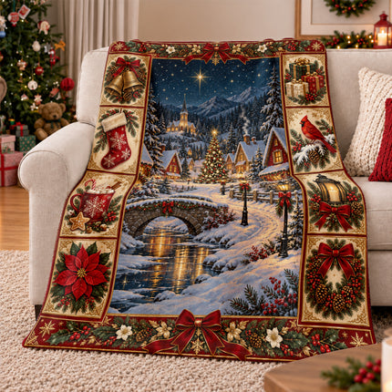 Christmas Fleece Blanket with Snowy Village Scene