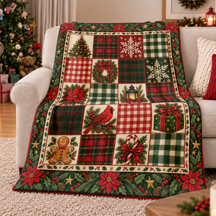 Christmas Patchwork Fleece Blanket Vintage Plaid Cardinal Poinsettia
