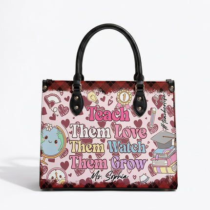 Personalized Teacher Leather Handbag Pink Plaid Hearts