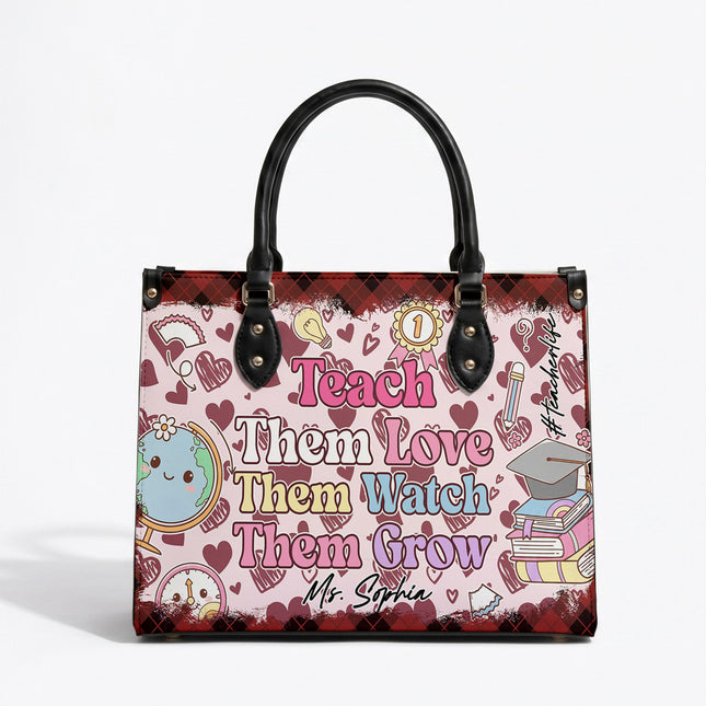 Personalized Teacher Leather Handbag Pink Plaid Hearts