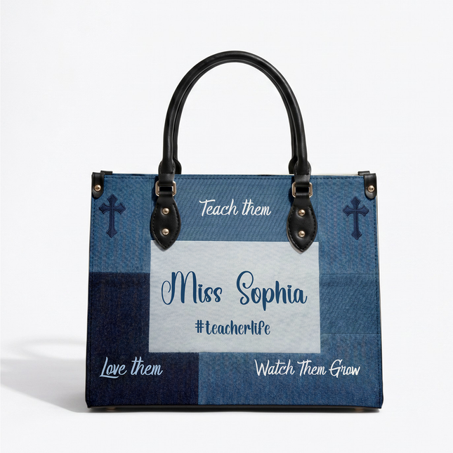 Personalized Teacher Leather Handbag Denim Floral Tiny Humans