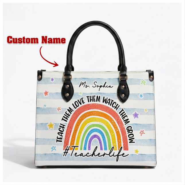 Personalized Teacher Leather Handbag Rainbow Watch Them Grow