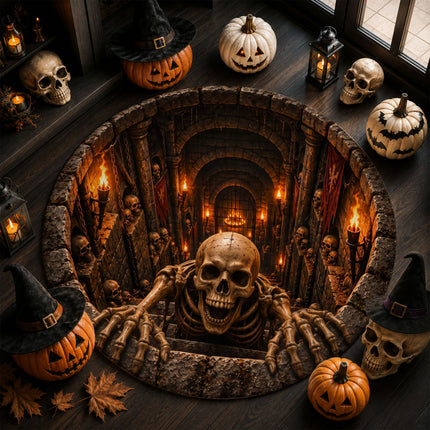 Halloween Skeleton Dungeon Round Rug 3D Skull Horror Doormat
