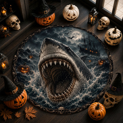 Halloween Shark Round Rug Haunted Ocean Pirate Ship Doormat