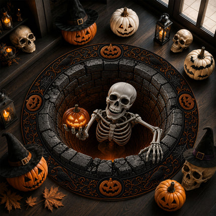 Halloween Round Rug Skeleton Pumpkin 3D Illusion Doormat