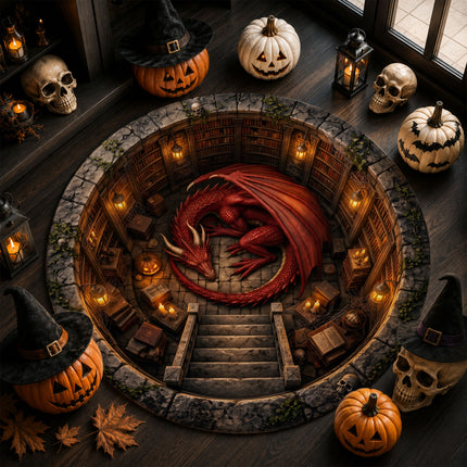 Halloween Round Rug Red Dragon Dungeon 3D Fantasy Doormat