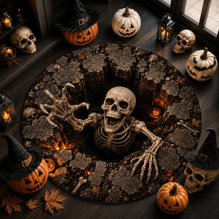 Halloween Skeleton Grave Pit Round Rug 3D Creepy Skull Doormat