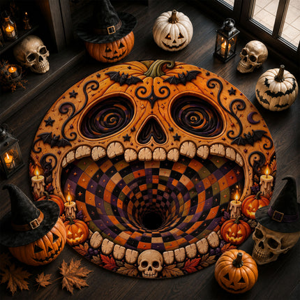 Halloween Round Rug Pumpkin Skull 3D Illusion Doormat