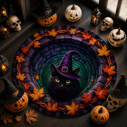 Halloween Round Rug Black Cat Witch 3D Illusion Doormat