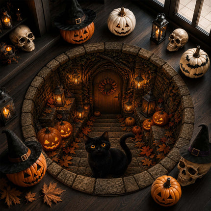 Halloween Round Rug Black Cat Pumpkin 3D Haunted Stairway Doormat