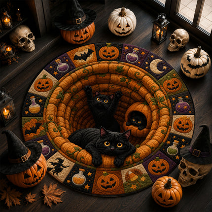 Halloween Round Rug Black Cat Pumpkin 3D Illusion Doormat