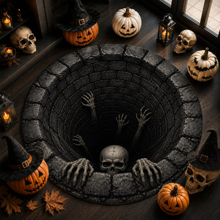 Halloween Round Rug Skeleton Well 3D Illusion Doormat