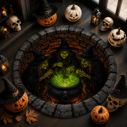 Halloween Round Rug Witches Cauldron 3D Illusion Doormat
