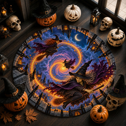 Halloween Flying Witch Portal Round Rug Haunted Castle Doormat