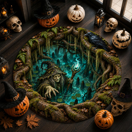 Halloween Swamp Witch Round Rug Haunted Forest Raven Doormat