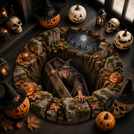 Halloween Witch Coffin Graveyard Round Rug Spooky Pumpkin Doormat