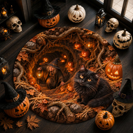 Halloween Black Cat Witch Cave Round Rug Pumpkin Doormat