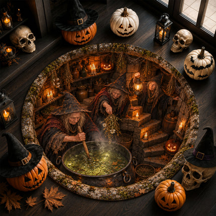 Halloween Witch Cauldron Round Rug Spooky Potion Cellar Doormat