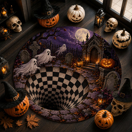 Halloween Round Rug Ghost Graveyard Moon 3D Illusion Doormat