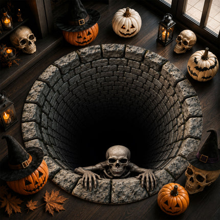 Halloween Round Rug Skeleton Stone Well 3D Illusion Doormat