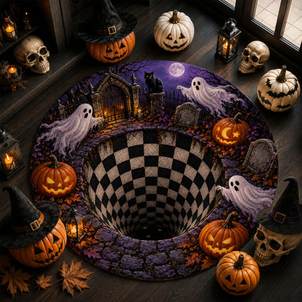 Halloween Round Rug Ghost Pumpkin Graveyard Illusion Doormat