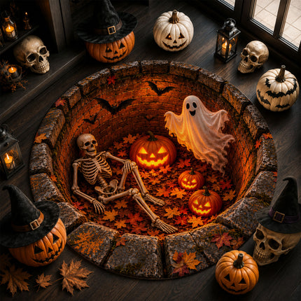 Halloween Round Rug Skeleton Ghost Pumpkin 3D Illusion Doormat