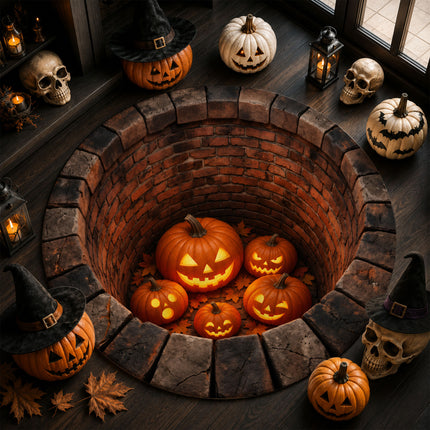 Halloween Round Rug Pumpkin Well 3D Illusion Doormat