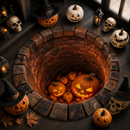 Halloween Round Rug Jack O Lantern Brick Well 3D Illusion Doormat
