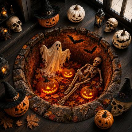 Halloween Round Rug Skeleton Ghost Pumpkin 3D Well Doormat