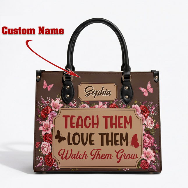 Personalized Teacher Leather Handbag Floral Teach Love Grow