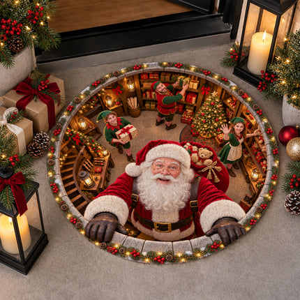 Santa's Workshop Christmas Round Rug North Pole Elves Doormat