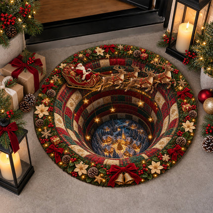 Christmas Round Doormat with Santa Reindeer Village