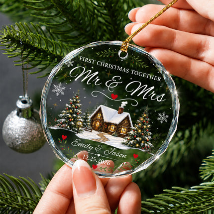 Personalized First Christmas Together Snowy Cabin Couple Glass Ornament