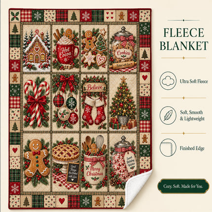 Christmas Gingerbread Patchwork Fleece Blanket Cozy Cocoa and Cookies
