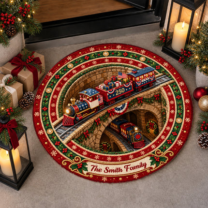 Personalized Christmas Train Doormat Patriotic Holiday Round Rug