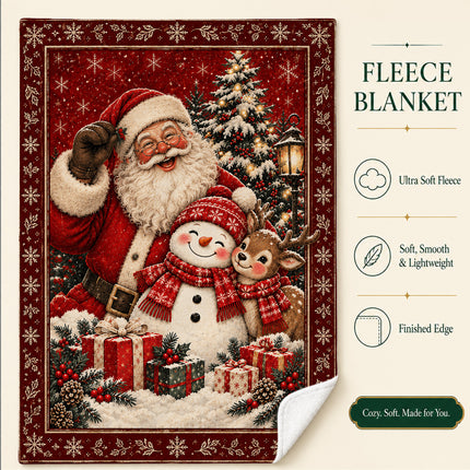 Santa Snowman Reindeer Christmas Fleece Blanket Cozy Holiday Wishes