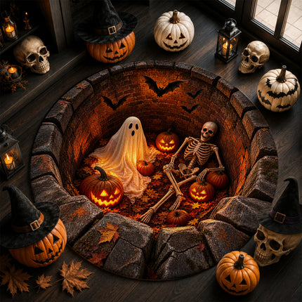 Halloween Round Rug Ghost Skeleton Pumpkin Pit Doormat