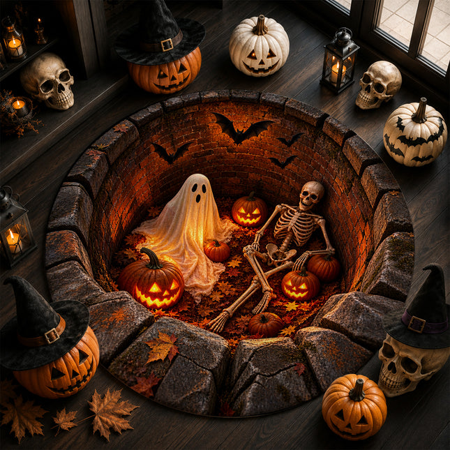 Halloween Round Rug Ghost Skeleton Pumpkin Pit Doormat