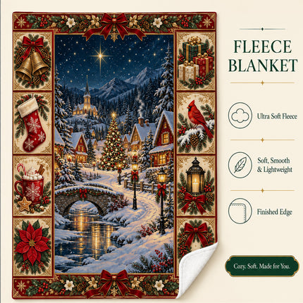 Christmas Fleece Blanket with Snowy Village Scene