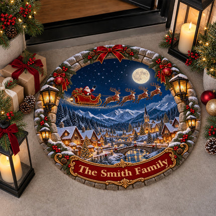 Personalized Santa Sleigh Christmas Round Doormat Snowy Village Family Name Rug