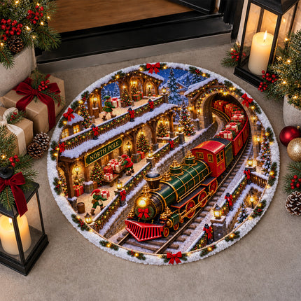 North Pole Christmas Train Round Rug Holiday Gift Express Doormat