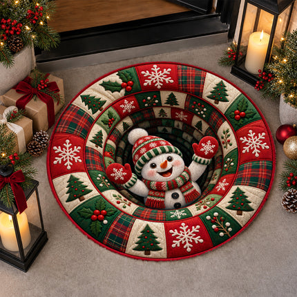 Christmas Round Doormat with Snowman Patchwork Rug