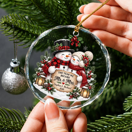 Personalized Newlywed Snowman First Christmas Glass Ornament